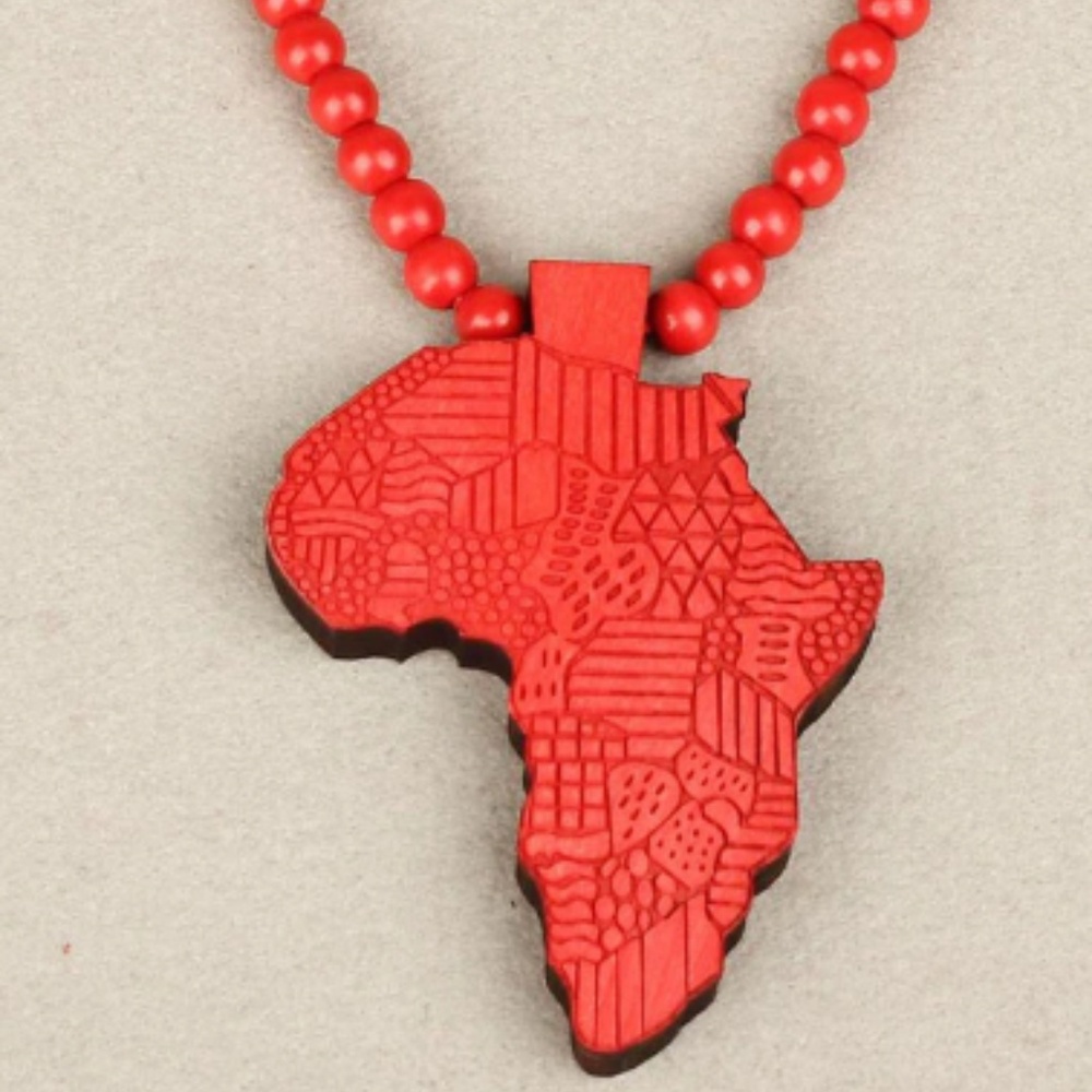 Africa Wood Pendant Necklace With Bead Chain Red